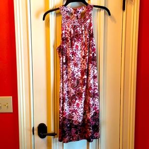 Cranberry, peach, mulberry, black on ivory dress